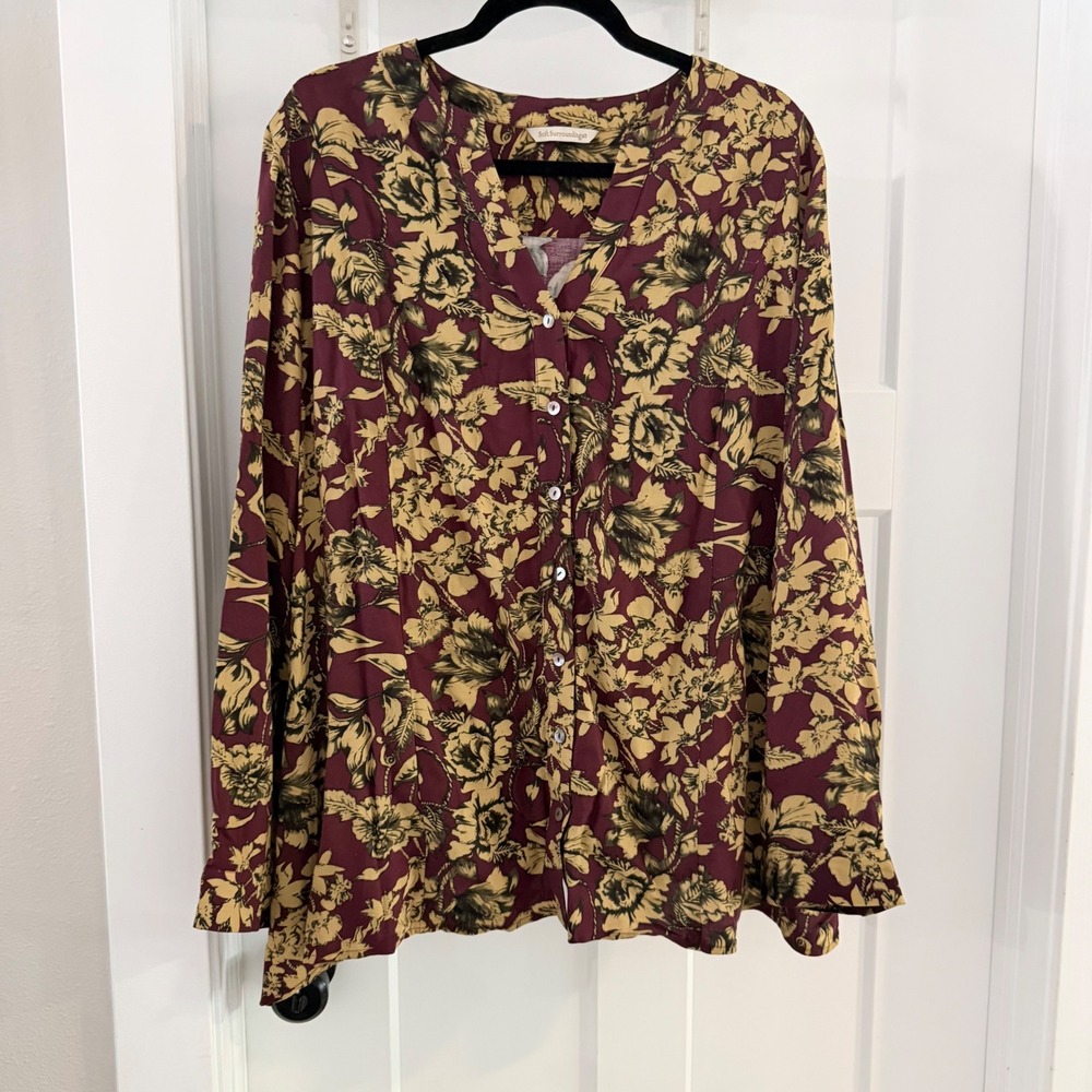 Soft surroundings Burgundy and yellow floral button-up blouse 100% Rayon est XXL
